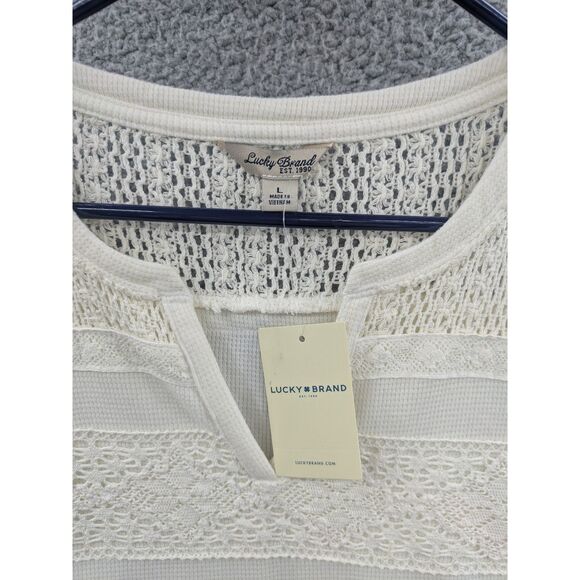 NWT Lucky Brand Women's size Large Long Sleeve Cream Top Lace Stripes - Picture 3 of 10